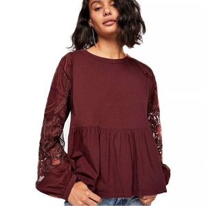 Free People Red Wine Embroidered Penny Tee Mesh Balloon Sleeve Top Size S